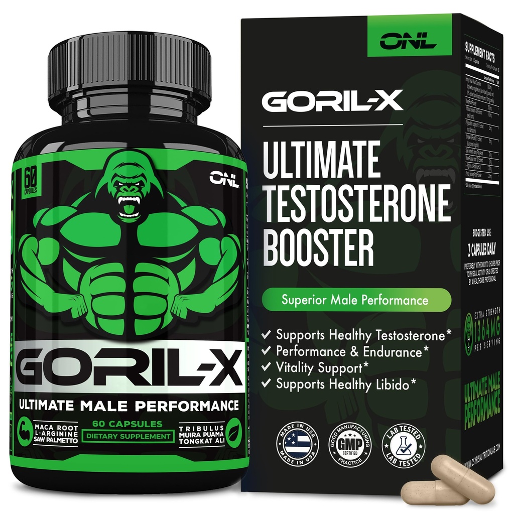 GORIL-X Testosterone Booster para Hombre - Workout Testosterone Suplemento - Aumentar Tamaño, Fuerza &amp; Energía - 1000mg Male Enhancing Horny Goat Weed - Maca Root, Tongkat Ali & Tribulus Terrestris 60 Caps
