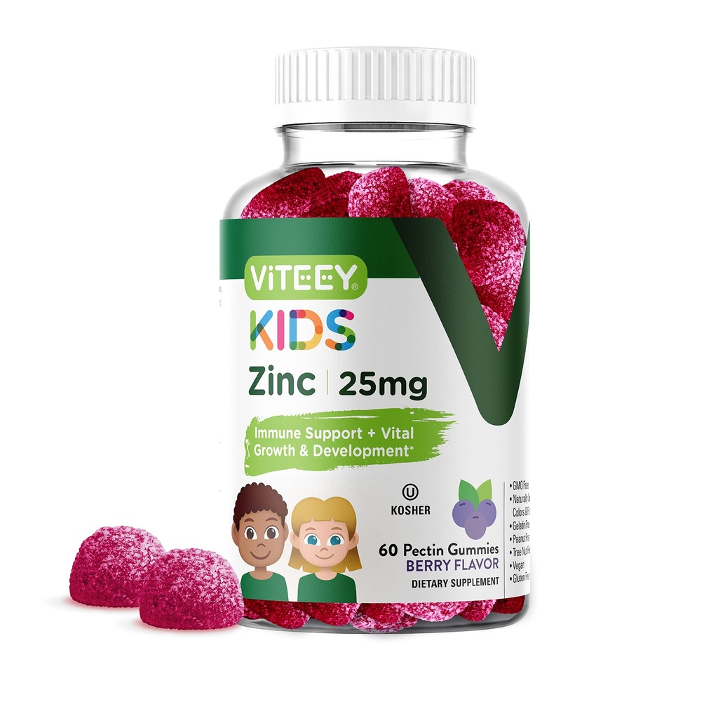 Viteey Zinc for Kids Gummies, 25mg - Immune Support - Potente antioxidante natural, Niños Zinc Vitamin Suplemento - Vegan, Gelatin Gratis, Gluten Gratis - Tasty Chewable Berry Flavor Gummy