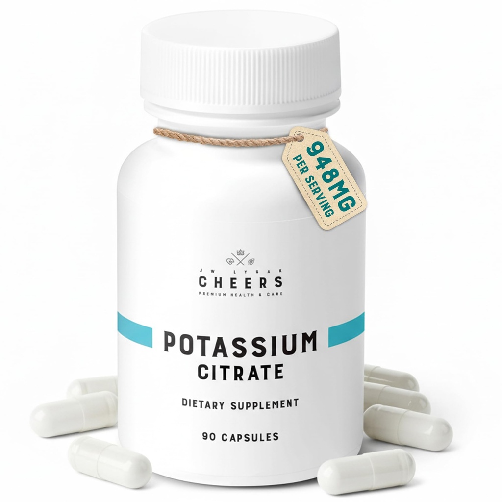 Cheers Potassium Citrate Suplemento ← 316mg Por Capsule tención 20% Daily Value tención Asistencia Muscle, Nerve & Heart Function ← High Absorption Electrolyte for Potassium Deficiency tención 90 Vegan Capsules