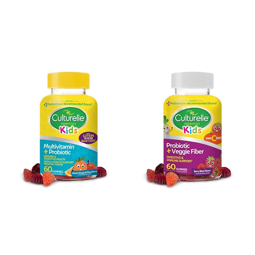 Culturelle Kids Probiotic Gummies for Ages 2+ - Peach-Orange & Mixed Berry Flavors " Daily Probiotic for Kids + Veggie Fiber Gummies (Ages 3+) - 60 Count - Digestive