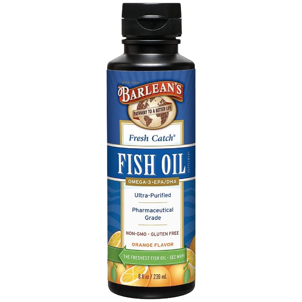 Suplemento líquido de aceite de pescado Omega 3 de Barlean, 1262 mg EPA y DHA ácidos grasos, no GMO y sin gluten, sabor a naranja, 8 oz