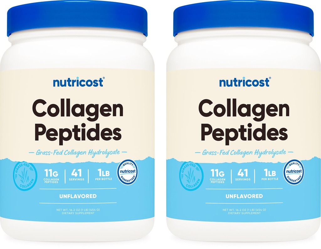 Nutricost Pure Collagen Hydrolysate (Bovine) Powder (2 Pack) - Grass Fed Bovine Collagen, 1LB Por Bottle