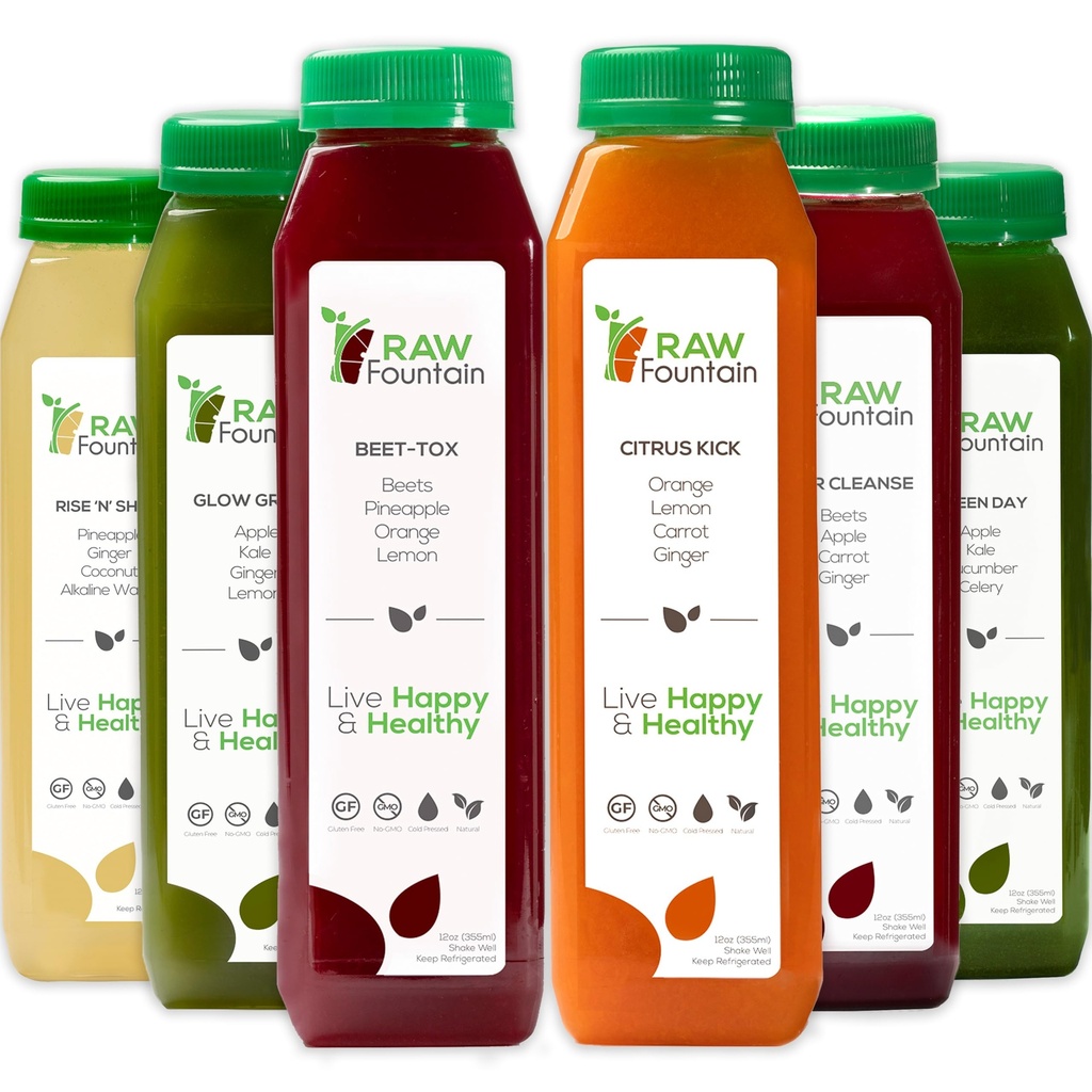 1 día Juice Cleanse by Raw Fountain, All Natural Raw Detox Cleanse, Juicing for Body Reset, Cold Pressed Juice Fast, Great Way to Jumpstart a Healthy Diet 6 Bottles 12oz