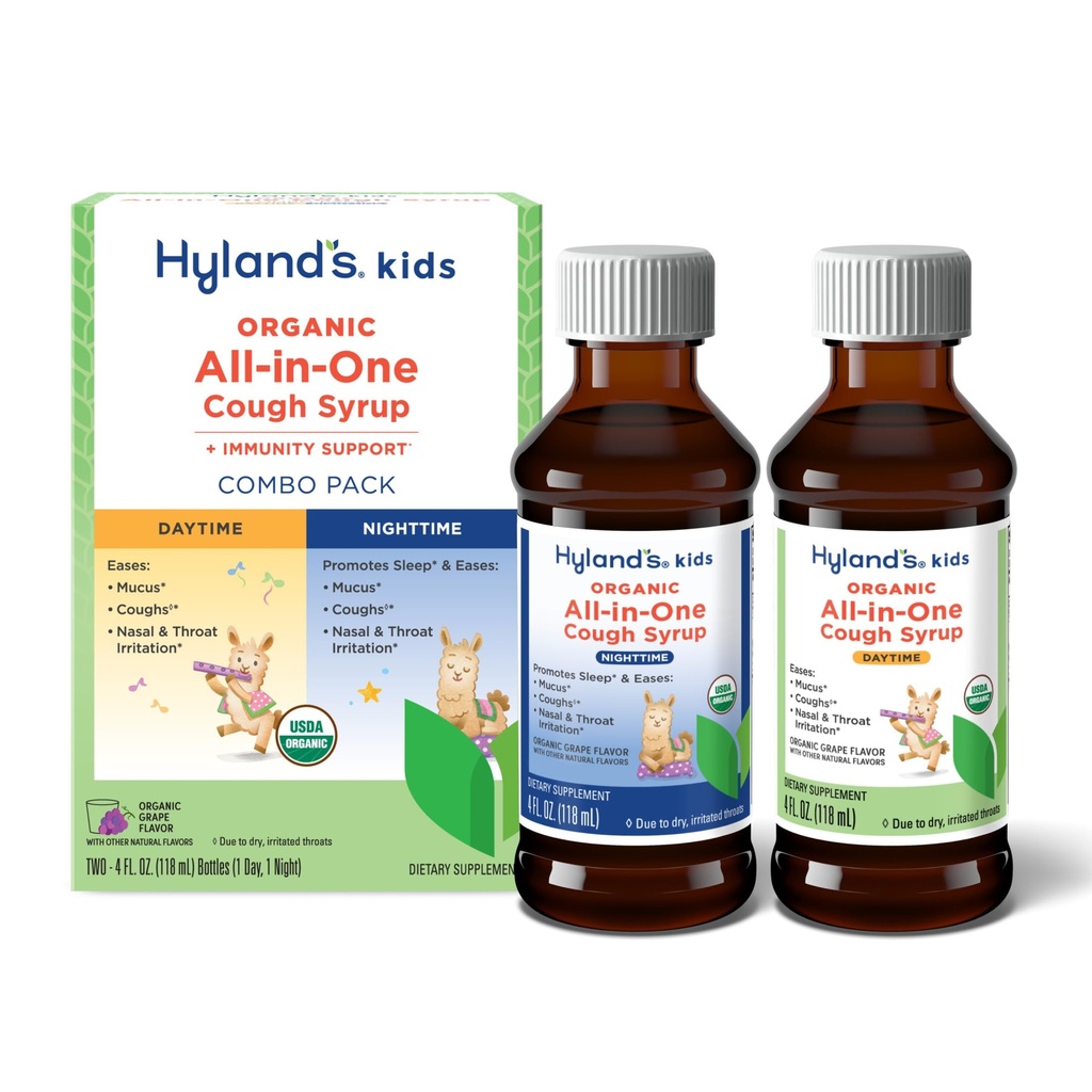 Hiland's Kids Organic All-in-One Grape Cough Syrup Day & Night, Two 4 Ounce Bottles