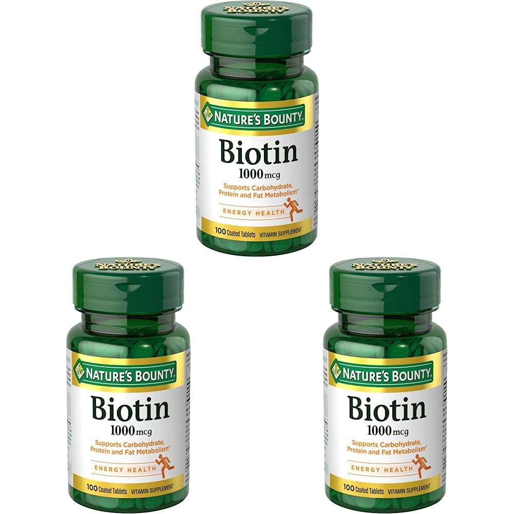 Biotina Bounty, Suplemento de vitaminas, apoya el metabolismo de la energía celular y el cabello saludable, la piel y las uñas, 1000 mcg, 100 Tabletas (Pack of 3)