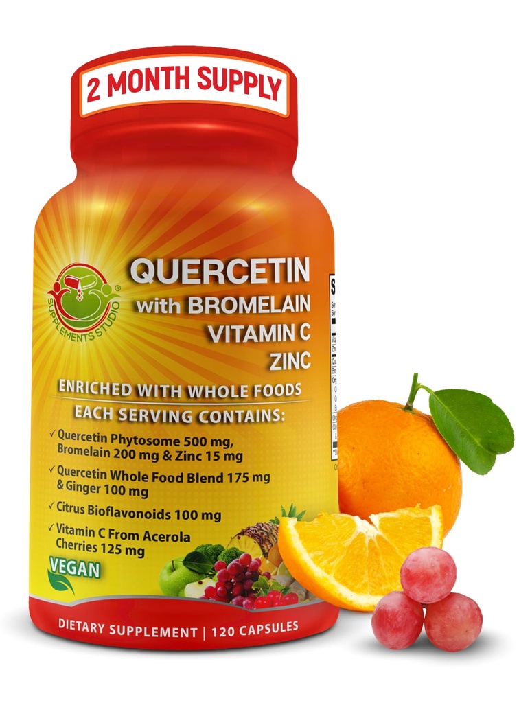 Quercetina con Bromelaina Vitamina C y Zinc Enriquecida con alimentos integrales orgánicos - 1215 mg por ser - Quercetina Fitosome 500mg cápsulas con jengibre y Flavonoides para soporte inmunitario - 120 Conde