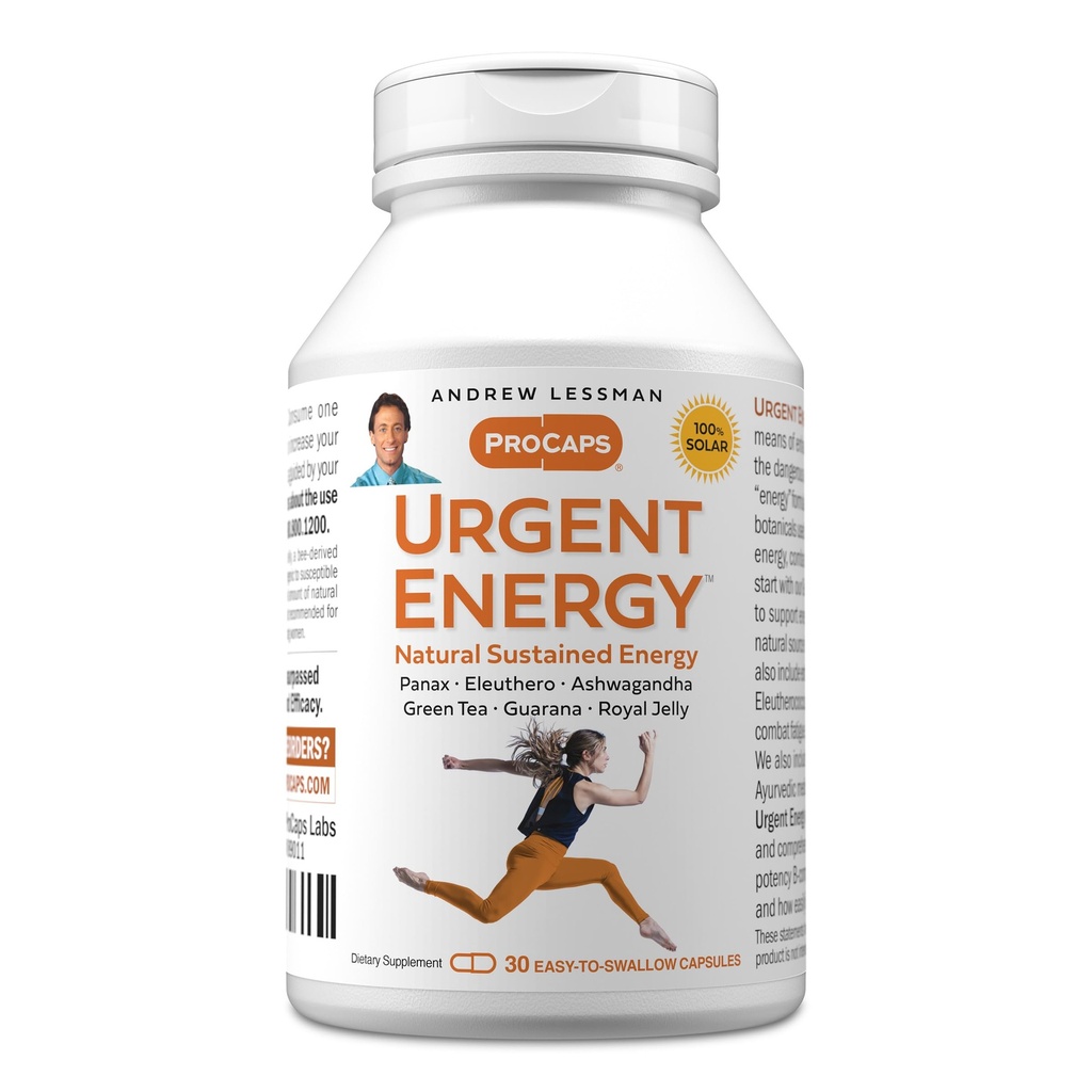 ANDREW LESSMAN Urgent Energy 30 Capsules - Proporciona un medio seguro y saludable de mejorar los niveles de energía y sentimientos de bienestar, té verde, guaraná, ginseng, jalea real, Ashwagandha, B-Complex