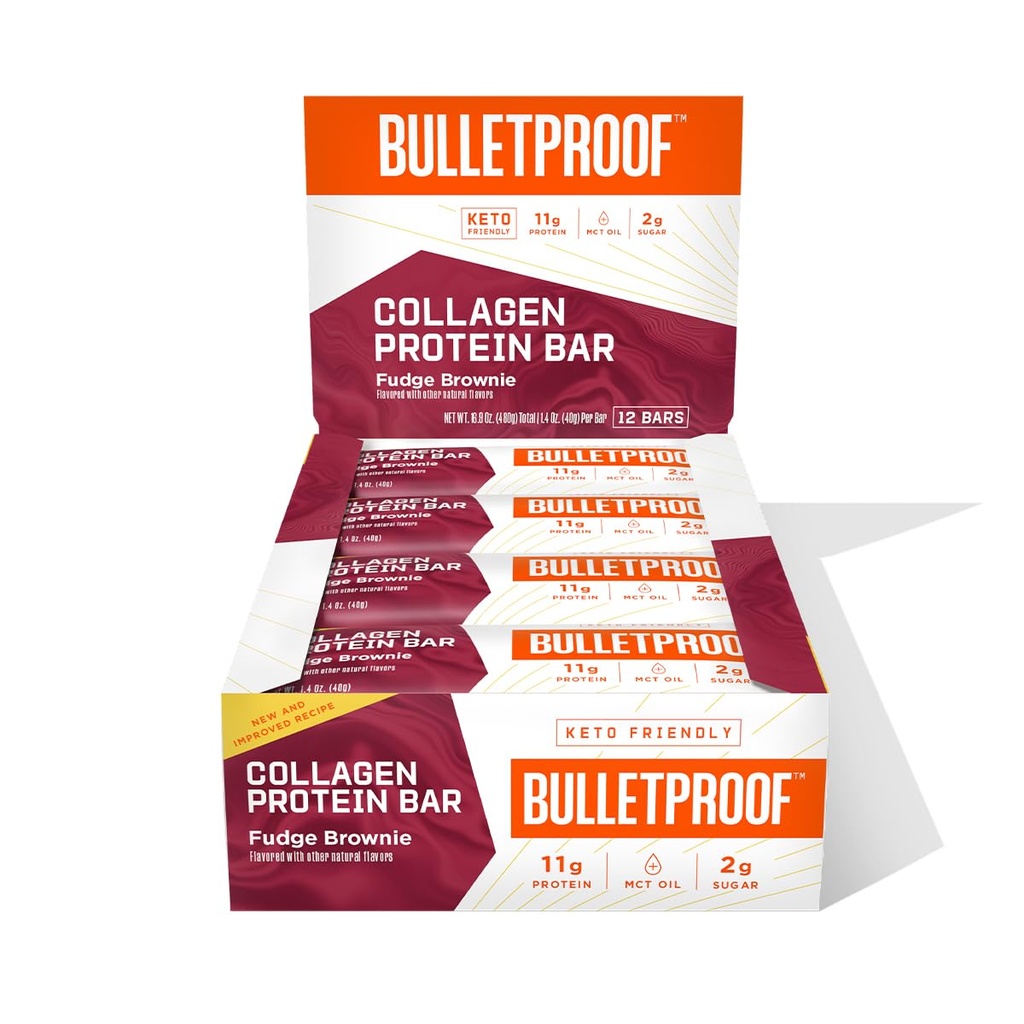 Bares de proteína a prueba de balas Brownie Collagen, paquete de 12, Keto-Friendly Snack con aceite MCT, Collagen alimentado por hierba, No Añadido Sugar