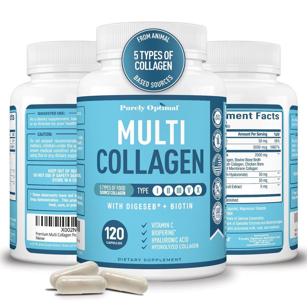 Péptidos Multi Collagen Premium (Tipos I, II, II, V, X) - Píldoras de colágeno para el cuidado de la piel, el crecimiento del cabello, uñas &amp; juntas - Vitamina C, Ácido Hialurónico, Biotina, Gluten Gratis - 120 cápsulas de colágeno