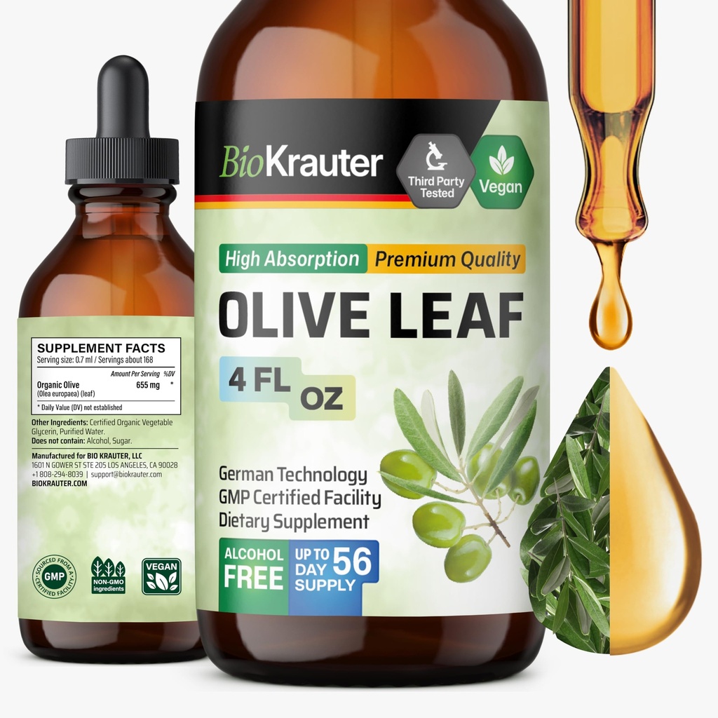 BIO KRAUTER® Olive Leaf Extract for Immune Support - Pure Vegan Oleuropein & Hydroxytyrosol Supplement - Used for Daily Wellness & Antioxidant Support - Alcohol & Sugar Free, 4 Fl.Oz 56-Day Supply