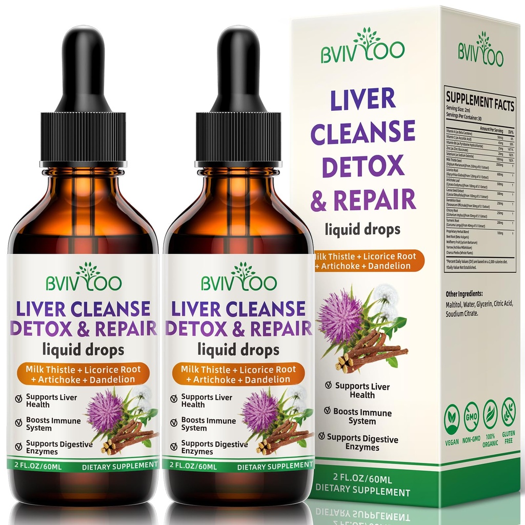 2 Pack Liver Health Liquid Drops - 2000mg Milk Thistle, Dandelion Root, Artichoke, Silymarin Extract, " Turmeric Herbs - Vegan, Non-GMO - 4 Fl Oz (120ml)