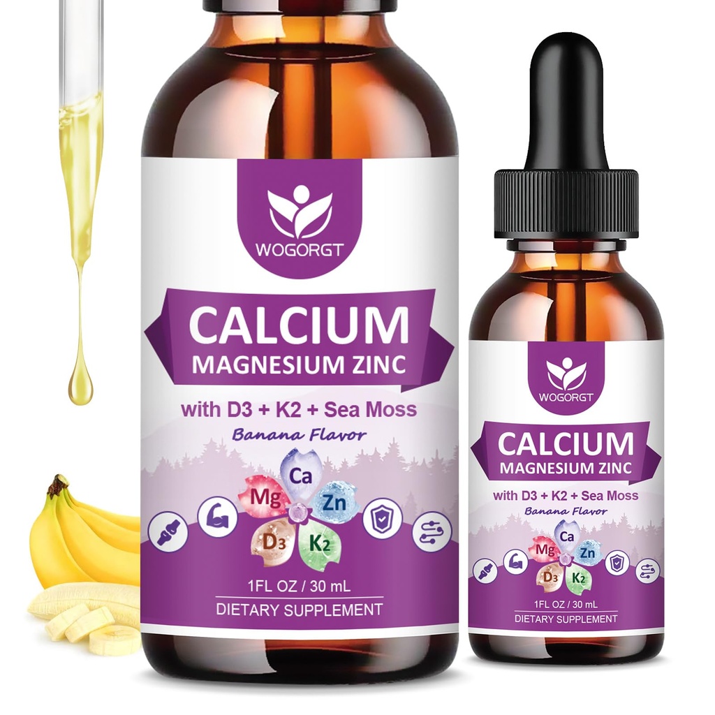 Calcio Citrate 1000mg con vitamina D3 para Hombres de Calcio Líquido Magnesio Zinc D3 K2 Suplemento para Hueso, Apoyo a los dientes, Sugar Gratis, Vegan, Banana Flavor - 1 Fl Oz (2 Pack)