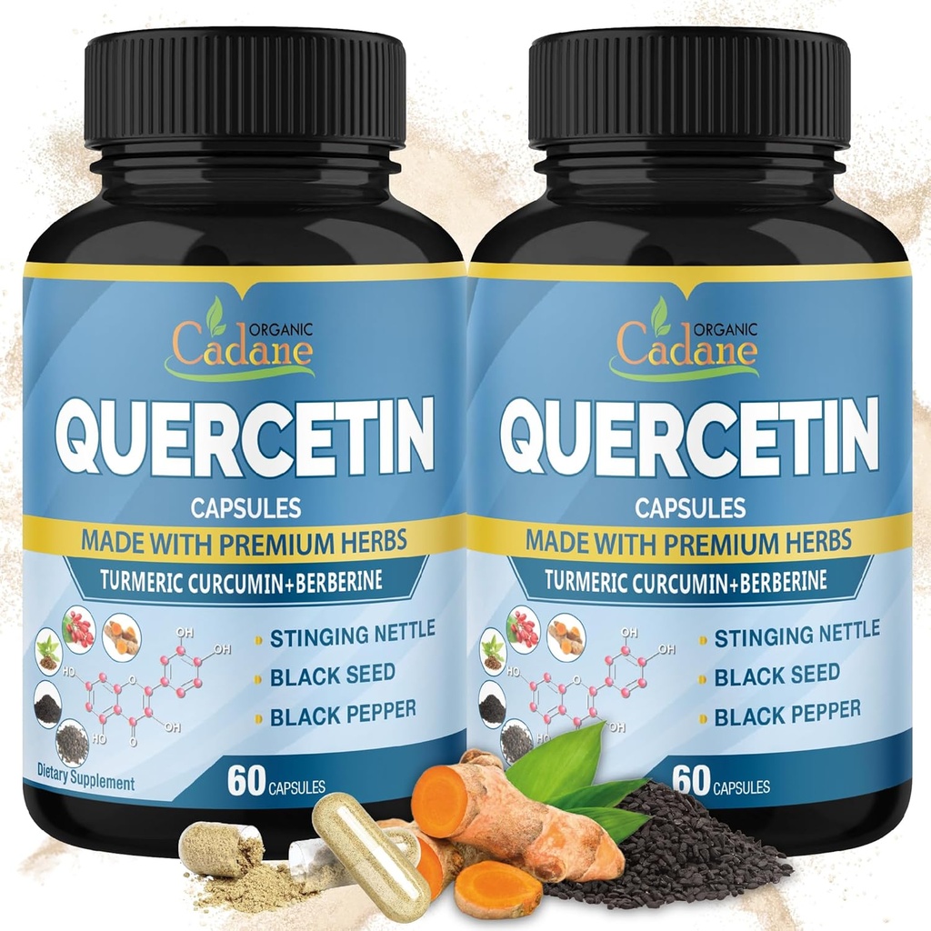Organic Cadane 2 Packs Quercetin Suplementos Capsules, 6in1 con Turmeric, Berberine, Stinging Nettle, Black Seed, Black Pepper - Supports Immune System - 4 Months Supply