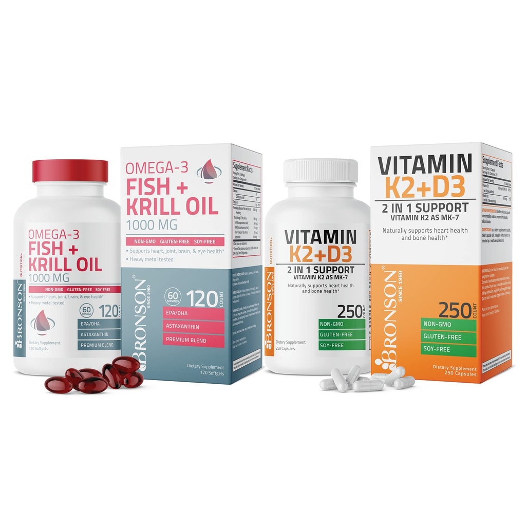 Bronson Vitamin K2 (MK7) with D3 Supplement Omega-3 Fish + Krill Oil 1000 MG