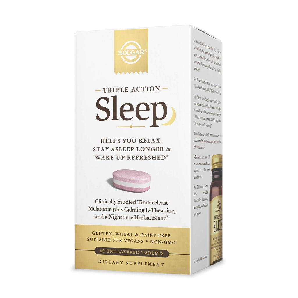 Solgar Triple Acción Dormir, 60 Tablas Tri-Layer - Time-Release Melatonin & L-Theanine Plus Herbal Blend - Le ayuda a relajarse, Fall Asleep Fast & Stay Asleep Longer - Non-GMO, Gluten Free - 60 Servings