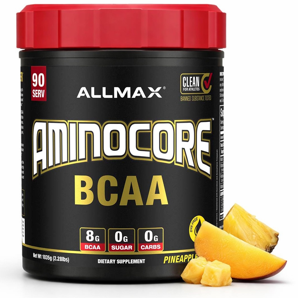 ALLMAX Nutrition AMINOCORE BCAA, Pineapple Mango - 945 g Polvo - 8.18 Gramos de ácidos de cadena ramificados por servicio - con vitaminas B - No Fillers o Aminos no-BCAA - Sugar Gratis - 90 Servings