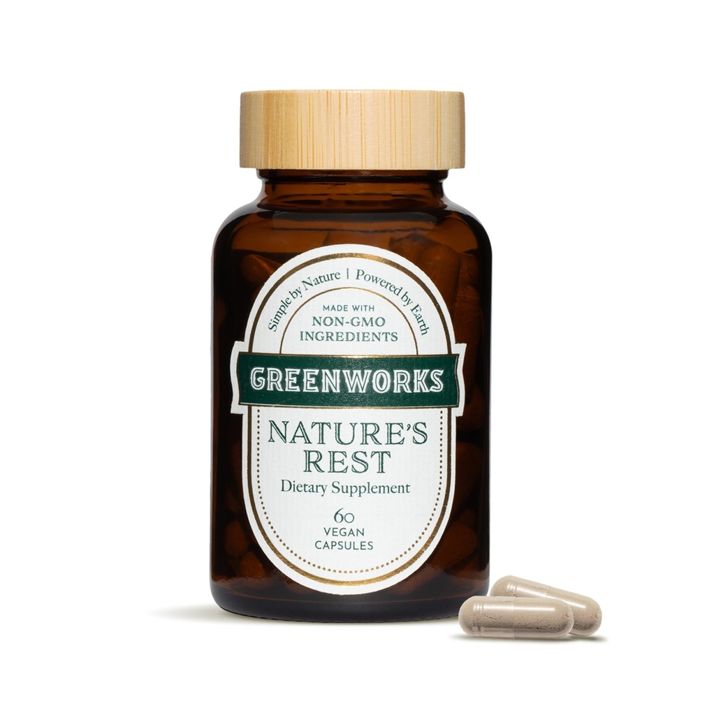 Greenworks Nature's Rest Melatonin Free Sleep Aid - Organic Herbal Supplement with Ashwagandha & Valerian Root - Vegan Capsules, 60 Conde.