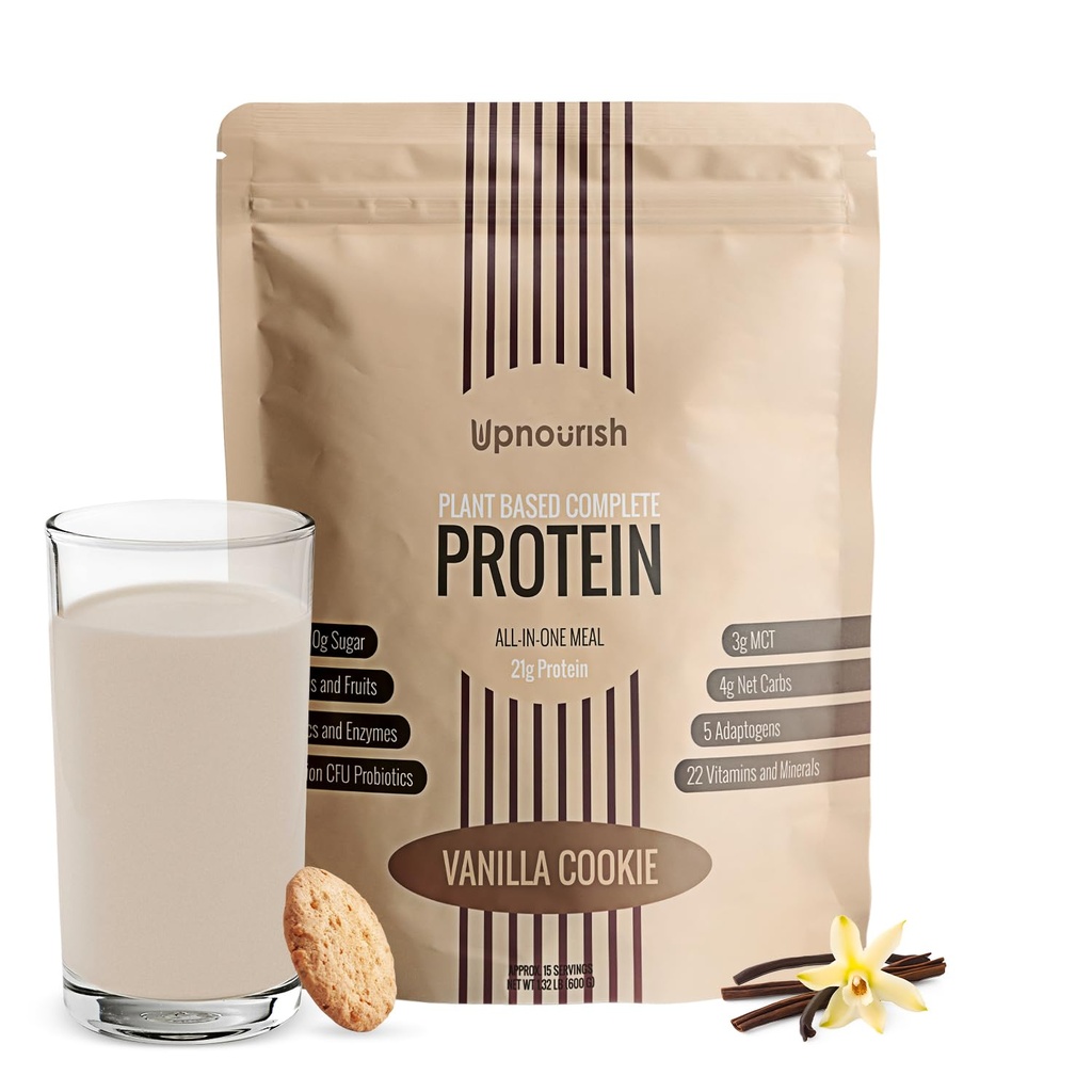 UpNourish Vanilla Cookie Vegan Protein Powder 54 Superfoods Powder,1.5 Billion CFU Probiotics 21g Plant Based Protein,No Sugar No Dairy No GMO Dairy Free,Meal Replacement Shake Keto-Friendly Low-Carb Diet,15 Servivings