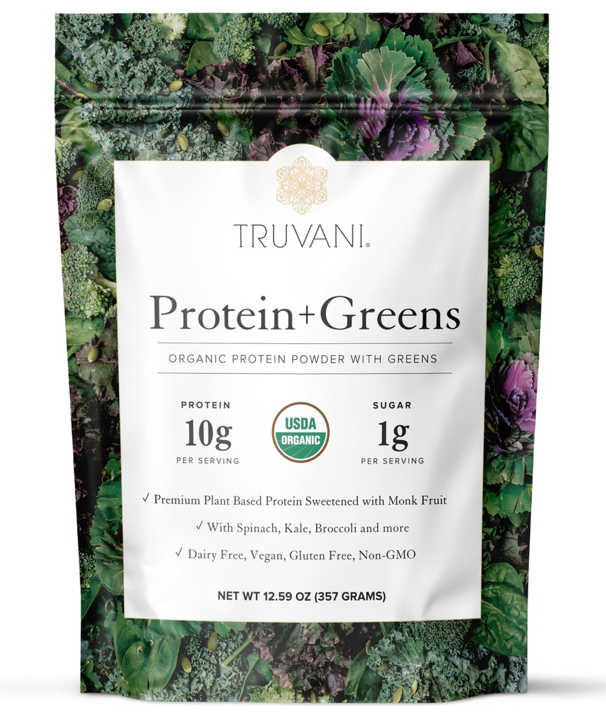Truvani Protein + Verdes Suplemento ← Espinacas, Kale " Broccoli  10g Orgánica Proteína basada en plantas ← 20 Servimientos Silencio USDA Orgánica ← Gluten " Dairy Free ← Vegan Silencio No Añadido Sugar