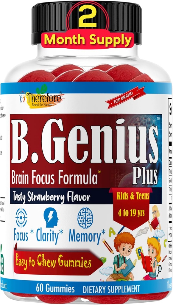 B.Genius Calming Ashwagandha Gummies for Kids and Teens ← Calm Sleep and Relax Mood ← Kids Gummies for Daily Focus ← All Natural Vegan Raspberry Flavor, Non-GMO, Third-Party Tested tención 60 Ct