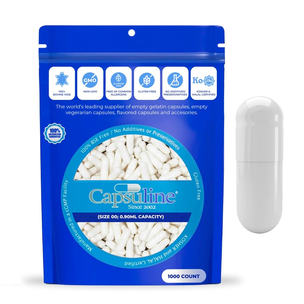 Capsuline Size 000 - Colored White Empty Gelatin Capsules - 1000 Cuenta - Empty Gel Pill Capsules - DIY Pure Bovine Pill Capsule Filling - Empty Caps - Kosher y Halal Certified - Non-GMO Certified
