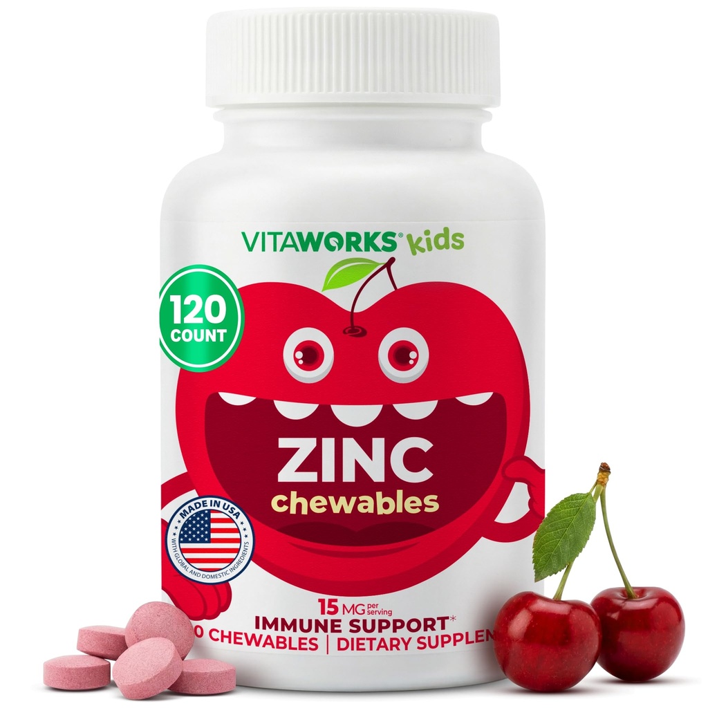 Niños Zinc 15mg Chewable Tablets - Natural Cherry Flavor - Vegan, Vegetariano, GMO-Free, Nut Free Vitaminas - Suplemento dietético para Immune Support - para niños - 120 Chewables