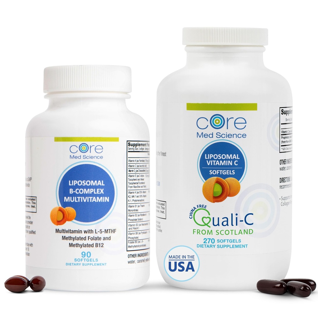 Core Med Science Liposomal Vitamina B-Complex &amp; Vitamina C 1000mg Soft Gels Bundle for Heart Health &amp; Immune System