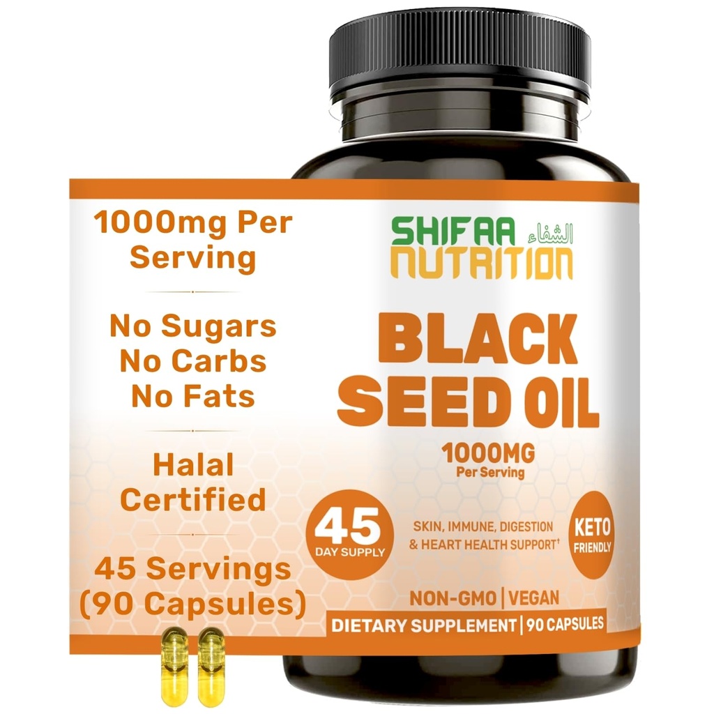 SHIFAA NUTRITION Halal Black Seed Oil  1000mg 45 Serviciones ← Nigella Sativa, Kalonji ← Apoya el cabello, la piel, las articulaciones, el corazón, la digestión