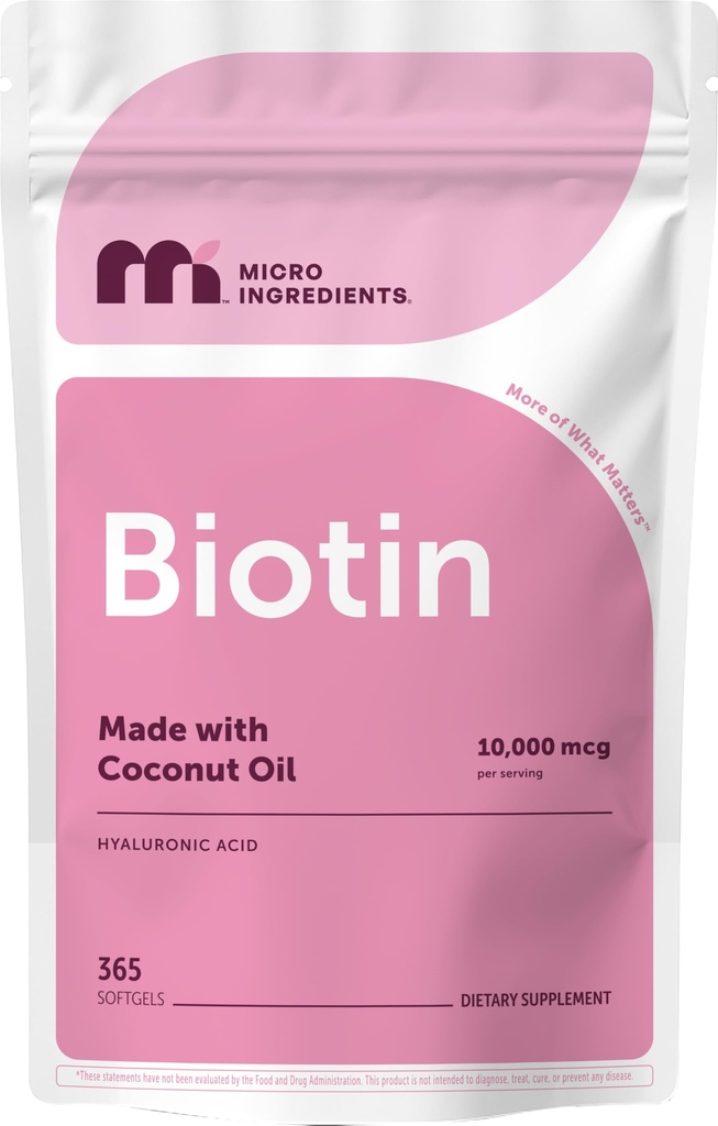 Micro Ingredientes Biotina 10.000 mcg con ácido hialurónico 25 mg Por Serving Silencio Hecho con aceite de coco Silencio 365 Softgels Silencio 1 Por día ← Un año de suministro latitud No GMO &amp; Gluten Gratis