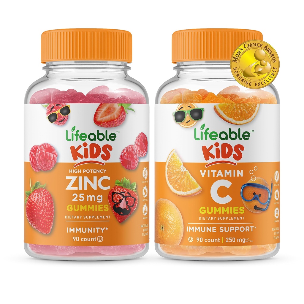 Zinc Lifeable 25mg Kids + Vitamin C Kids, Gummies Bundle - Gran Tasting, Suplemento de vitaminas, Gluten Gratis, GMO Gratis, Chewable Gummy