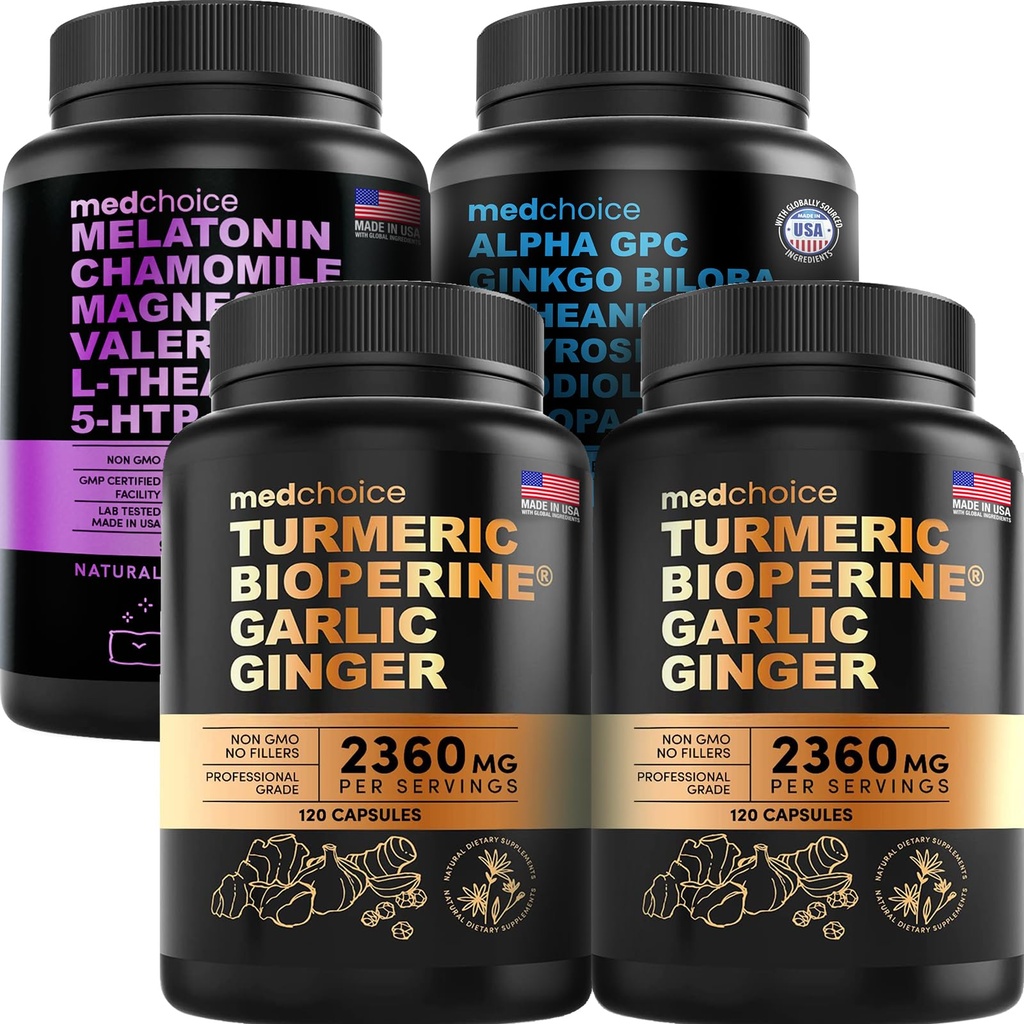 MEDCHOICE Turmeric " Ginger (240ct), Sleep Melatonin (90ct) y Nootropic Brain (60ct) Supplement Bundle - Wellness Trio for Brain, Sleep, " Immune Support - Vegan, Non-GMO, Gluten-Free