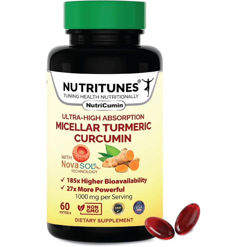 Curcumina Turmérica Suplemento 1000mg para Soporte Conjunto-185x Biodisponible &amp; alta absorción con tecnología NovaSOL – 60 NutriCumin Softgels