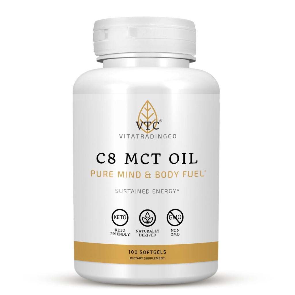 VTC VitaTradingCo. C8 MCT Oil Capsules ← Naturalmente Derived Caprylic C8 Suplemento Silencio Coconut Oil Pills ← Sostened Energy ← Keto Friendly, Non GMO  100 Softgels