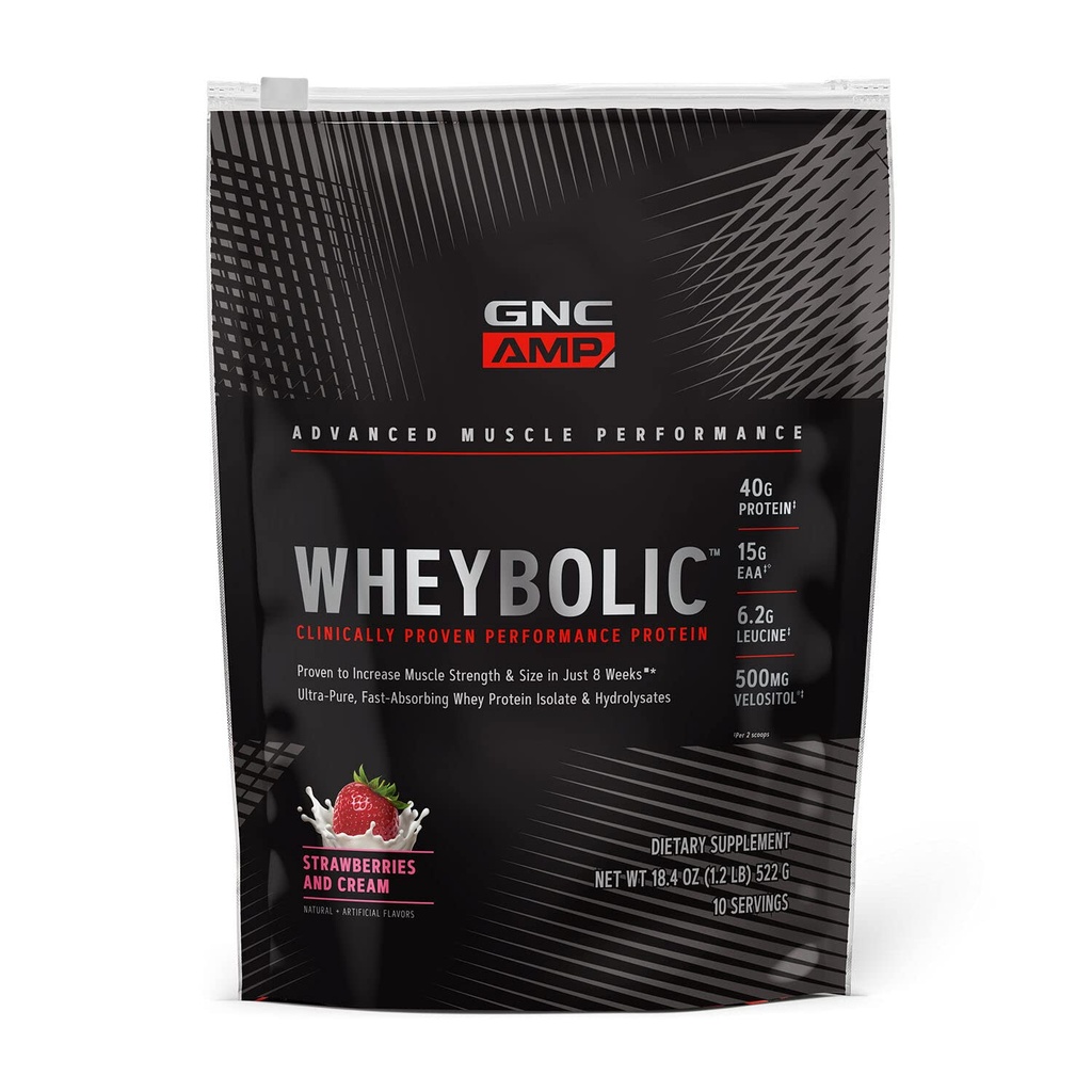 GNC AMP Wheybolic Clinically Protein Powder, 40g Whey Protein, BCAA, Leucine, Aumenta la fuerza muscular, el edificio del músculo, 3er partido testado, Gluten Free, Strawberries and Cream, 10 servidos