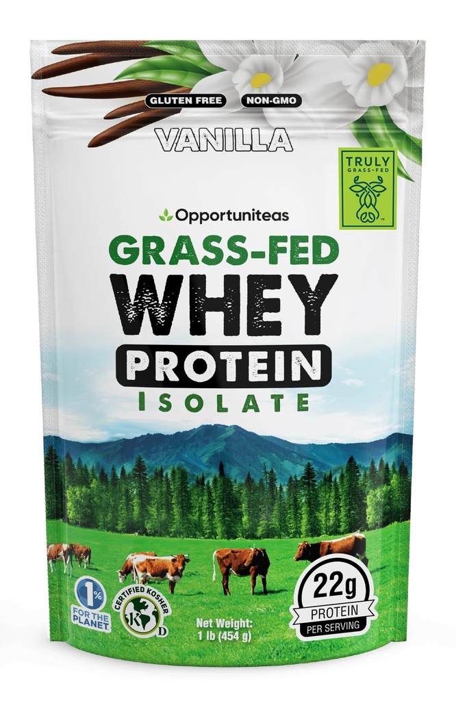 Opportuniteas Grass Fed Vanilla Whey Protein Isolate Powder - 22g Protein Powder Sin Sweeteners artificiales, Vacas sin hormonas, No GMO - 1lb