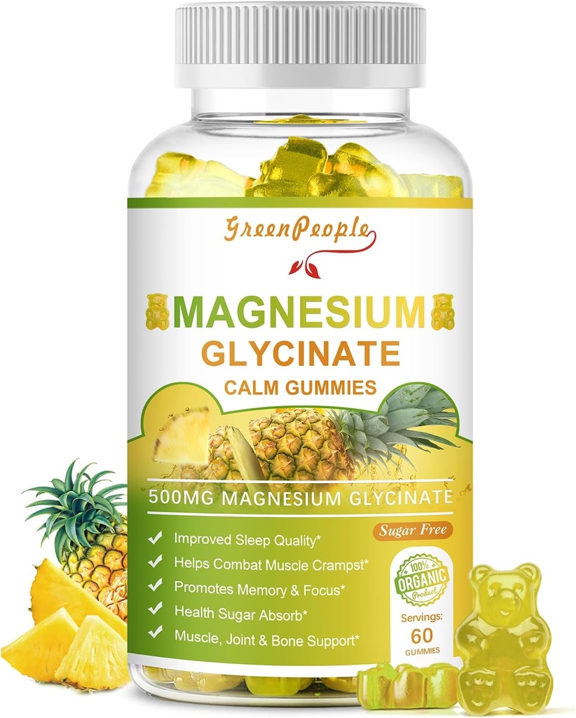 GREENPEOPLE Magnesium Glycinate Gummies with Citrate 1000mg, Taurate & Matale - Sugar Gratis - Magnesium Potassium Supplement with Vitamin D, K2 for Calm Mood & Zzz Support - 60 Pineapple Gummies