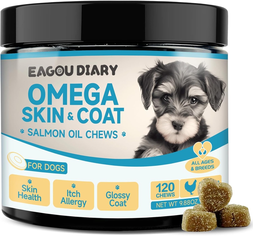 EagouDiary Salmon Oil Chews for Dogs,Omega 3 Skin &amp; Coat Supplement for Dogs with EPA & DHA Fatty Acids,Angelica, Methionine,Vitamins,Minerals for Itchy Skin & Alergy Relief (120Ct)