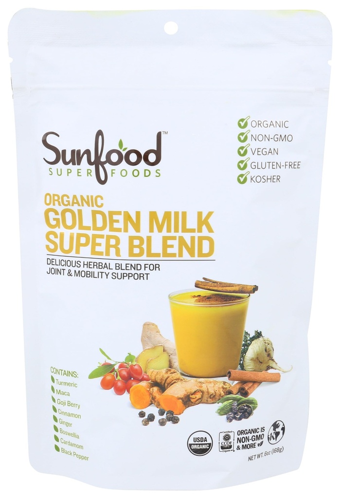 Sunfoods Golden Milk Super Blend - Superfood Golden Milk, Turmeric Powder, Superfood with Turmeric and Ginger, Black Pepper, Cinnamon &amp; Cardamom, Turmeric Latte Powder, Vegan, USDA Organic - 6 oz