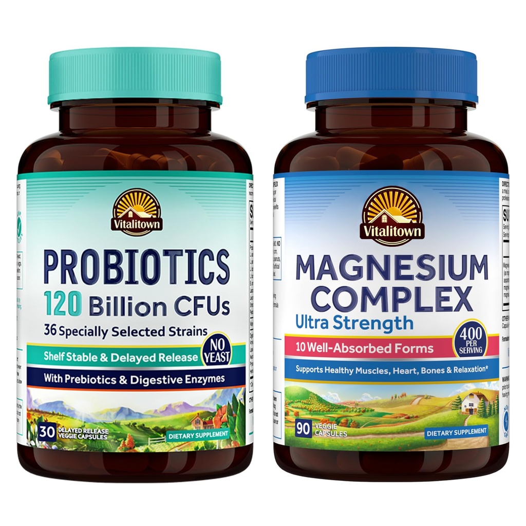 Vitalitown Probiotic + Magnesium Bundle (Pack of 2) Silencio Probiotics 120 Billion (Item 1) & 6-in-1 Magnesium Complex (Item 2) ← Gut, Bone, Muscle, Sleep Health TEN Vegan TEN 30 Capsules &amp; 120 Capsules