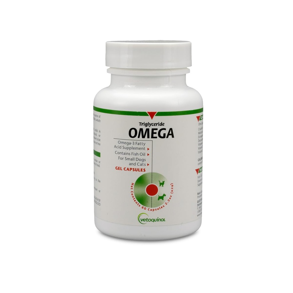 Vetoquinol Triglyceride Omega 3 Suplemento para perros y gatos, suplemento de aceite de pescado con EPA y DHA, promueve la piel, la carne, la unión y la salud inmunitaria, Omega 3 aceite de pescado para perros y gatos hasta 30 libras, 60ct