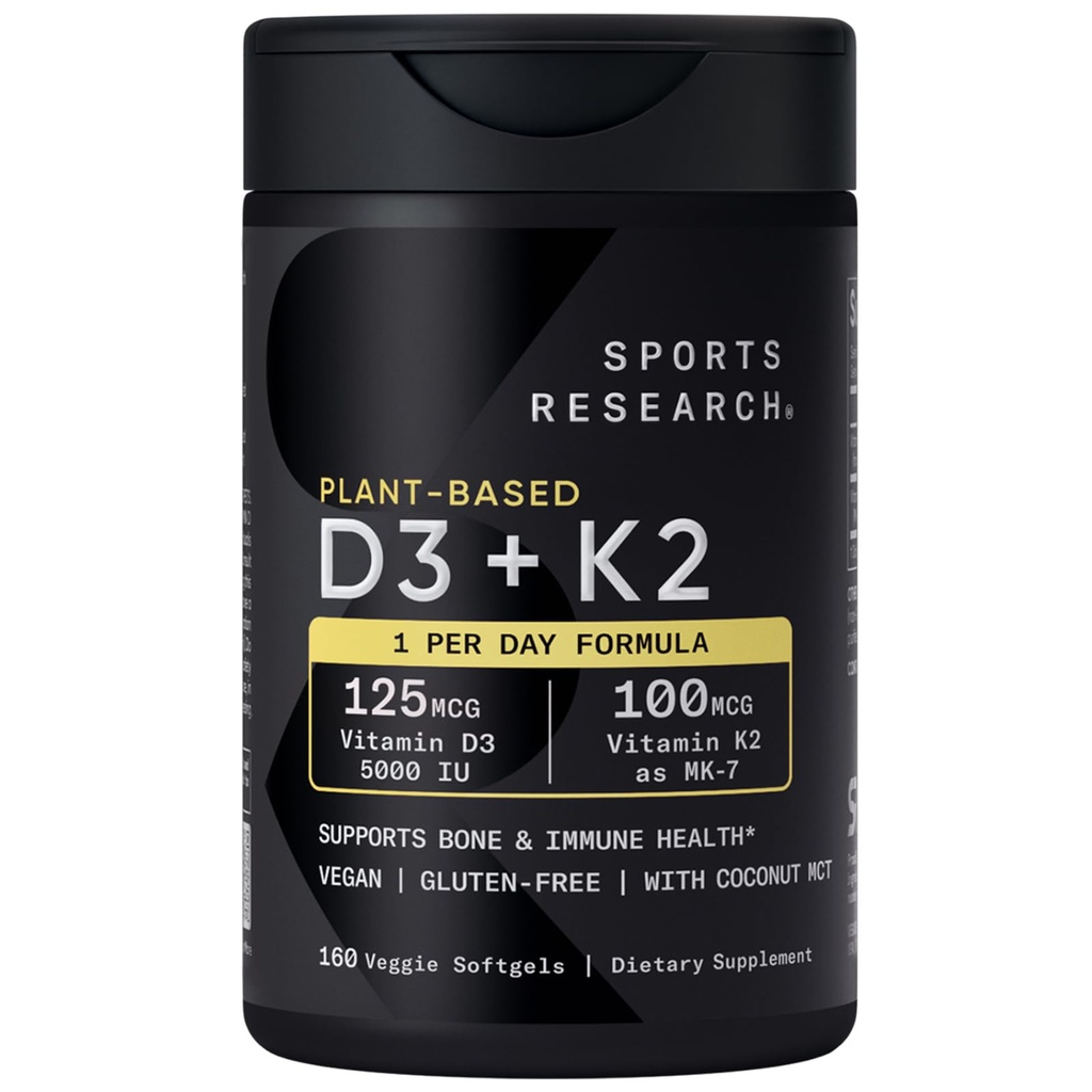 Investigación Deportiva Vitamina D3 K2 con 5000iu de D3 de base vegetal &amp; 100mcg de vitamina K2 como MK-7, no GMO Verificado & Vegan certificado - 160 Softgel líquido