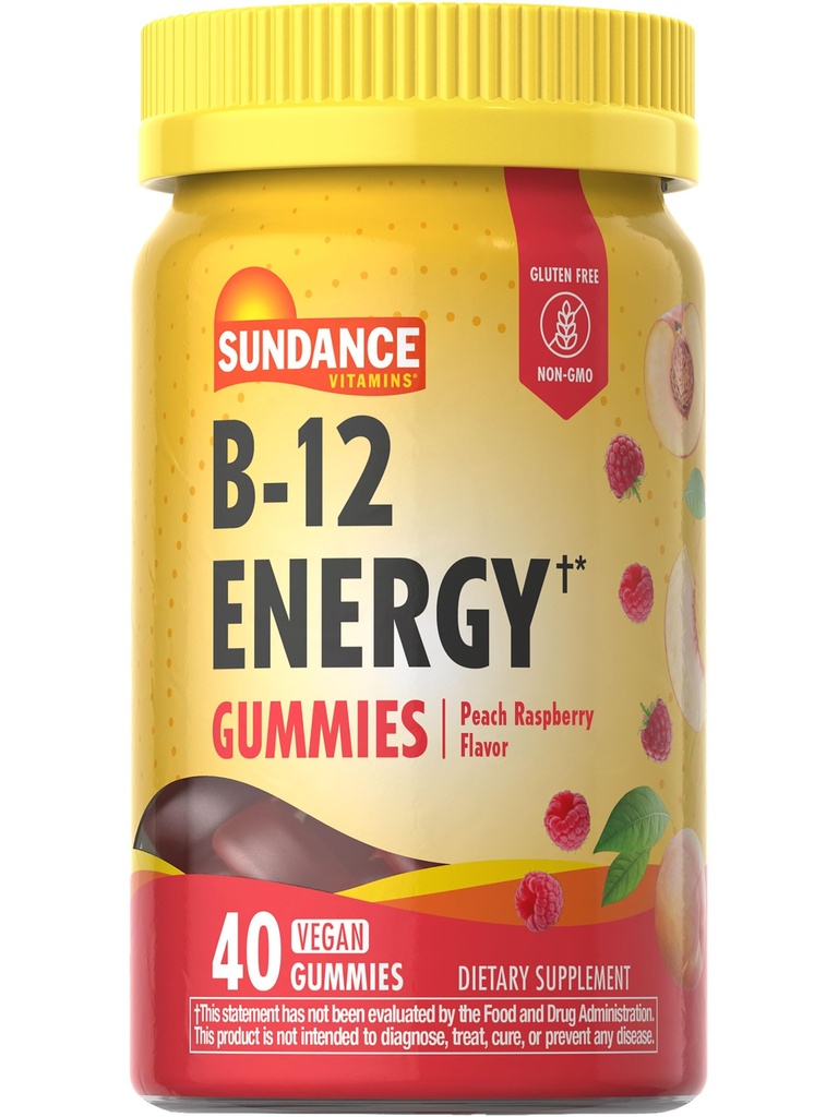 Sundance Vitamina B-12 Gummies Energética ← 40 Conde ← Peach Raspberry Flavor ← Vegan, No GMO, y Gluten Suplemento Libre