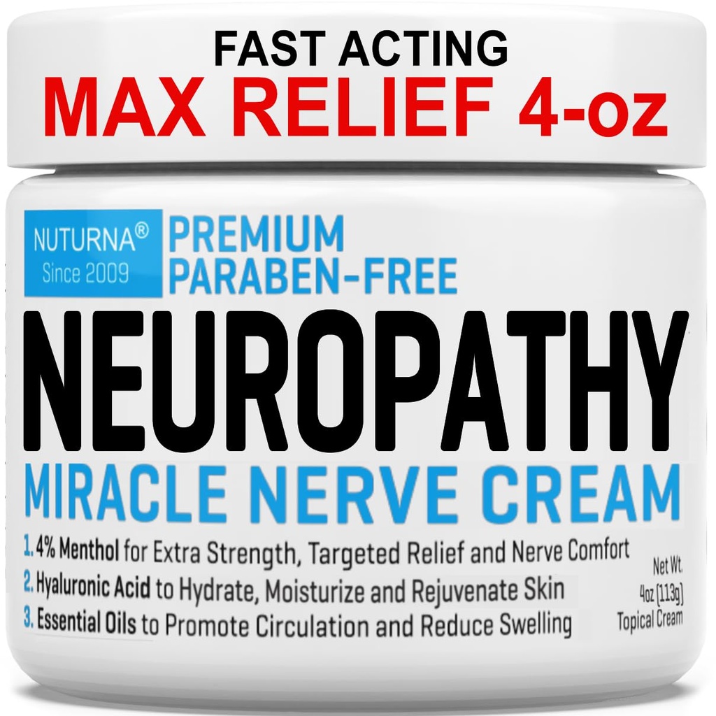 Neuropatía Crema de Alivio Nerve - Premium Nerve Cream 3X Acción para Alivios y calmantes Nerve Comfort - Fuerza máxima con 4% Menthol Arnica MSM para Manos de Pie Legs Toes > Volver - Grande 4 Oz