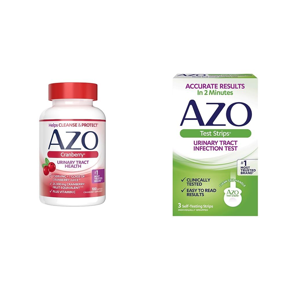 AZO Cranberry Urinary Tract Health Supplement &amp; Urinary Tract Infection (UTI) Test Strips, Resultados exactos en 2 minutos, Testado clínico, Resultados fáciles de leer, 3 cuenta