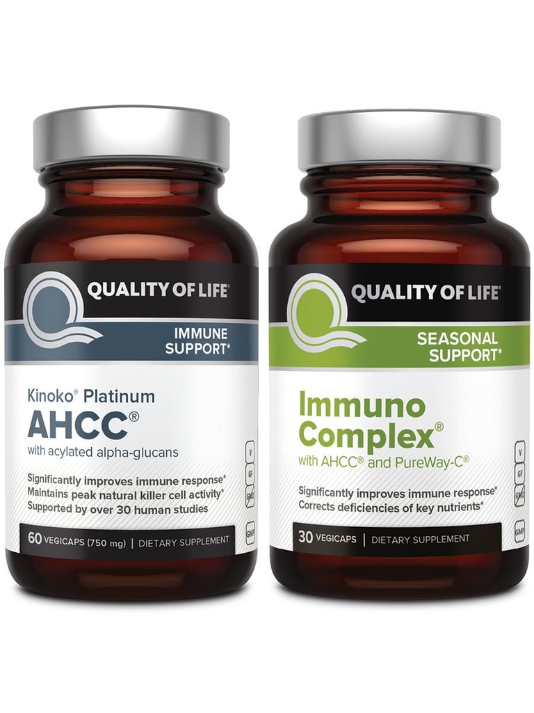Calidad de vida AHCC Kinoko Platinum Mushroom Extracto e Inmuno Complejo con vitamina C - Ultimate Immune Support Bundle