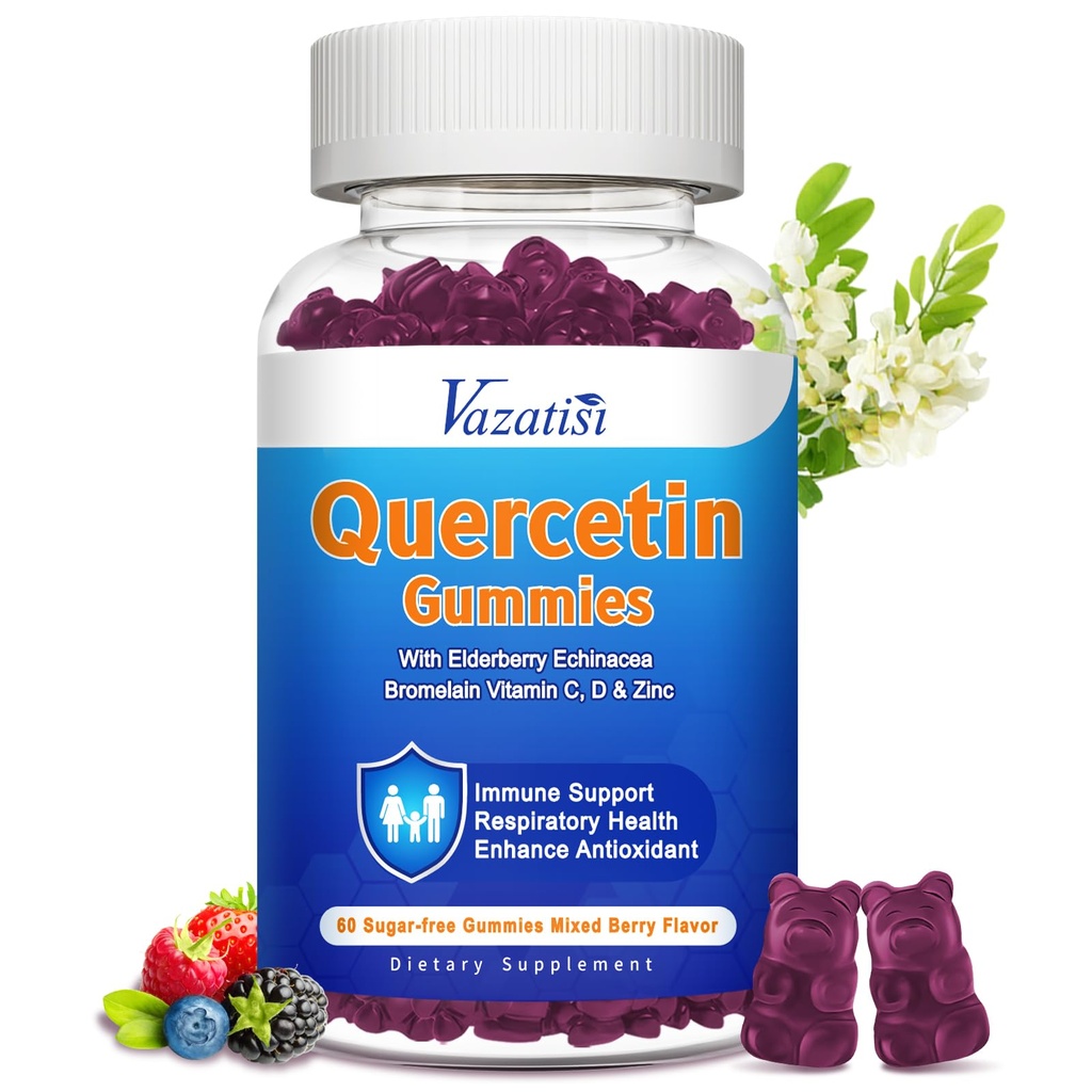 Quercetina con Gummies de Bromelain, Quercetina 1200MG con Vitamina C Zinc " Elderberry para el sistema inmunológico " Alergía, Chewable " Vegan Gummies, 60 Cts