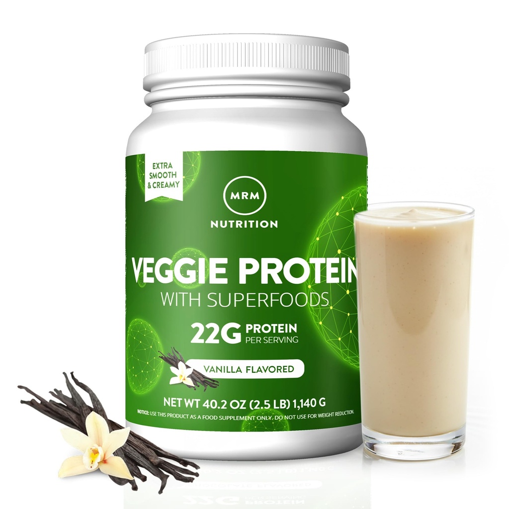MRM Nutrición Veggie Protein with Superfoods ◾ Vanilla Flavored TEN 22g Protein completo TENER 8.8g Aminoácidos esenciales TEN 13 superalimentos ANTERIOR con Omega 3s y Omega6s ANTE Keto Friendly TEN 33 Serviciones