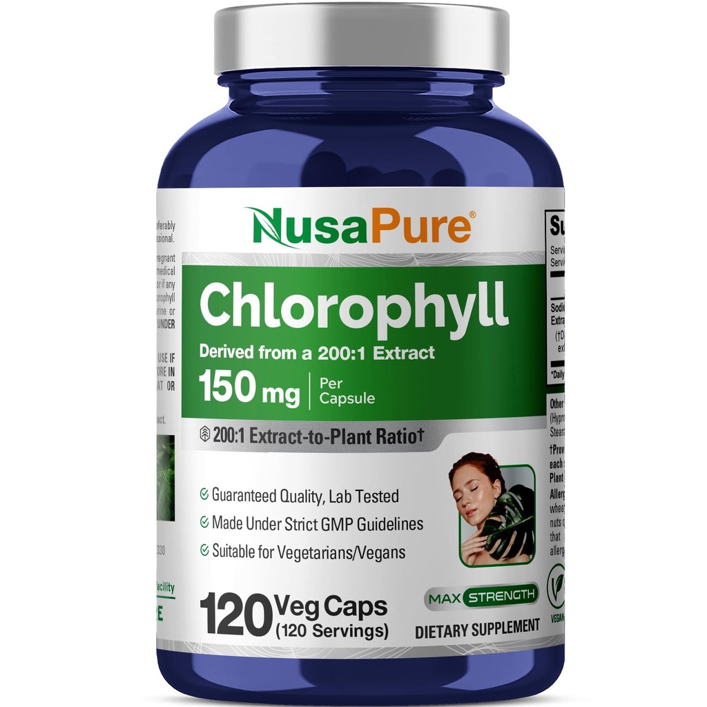 NusaPure Chlorophyll 200:1 Extracto, 150 mg Equivalente a 30.000 mg por Capsule 120 Vegetarian Caps (No-GMO, Vegan)