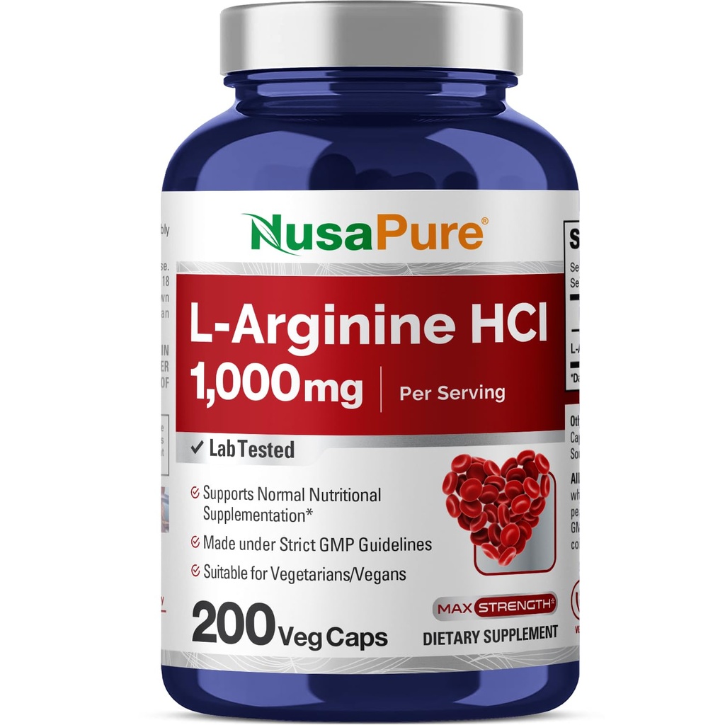 NusaPure L-Arginina 1000 mg 200 cápsulas vegetales (no GMO, vegetariano, vegano)