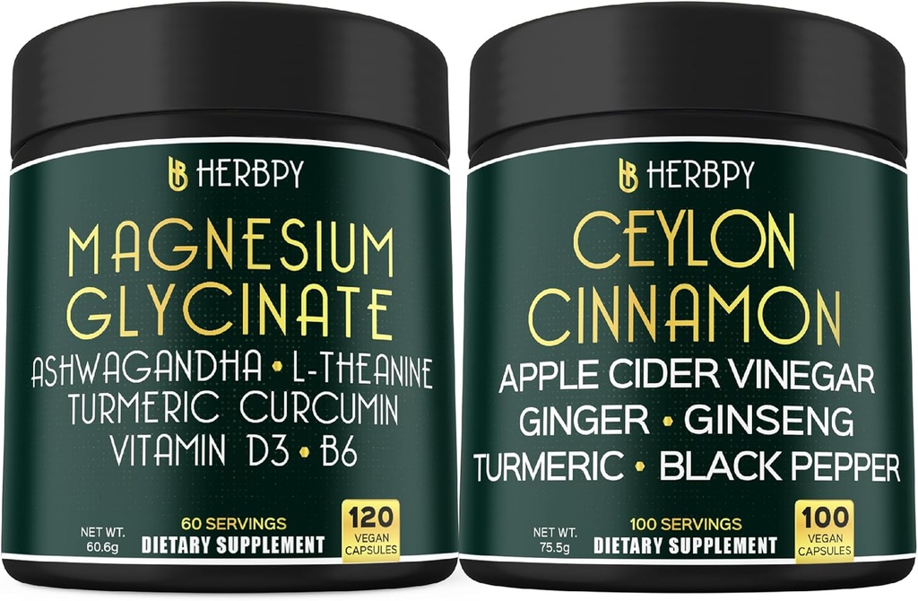 Bundle 6in1 Magnesium Glycinate Supplements & 6in1 Premium Ceylon Cinnamon Suplementos - Relax, Restful Day & Night, Immune, Heart, Digestion & Body Balance Support